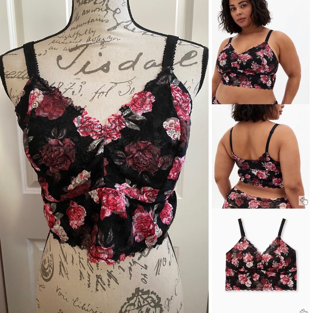 Torrid Pink and Black Floral Lace Unlined Bralette, 1X, EUC